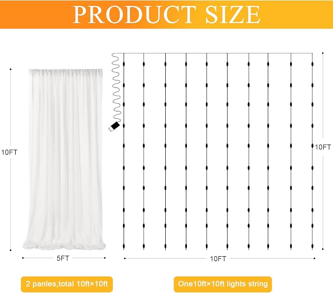 Fomcet Tulle Backdrop Curtains with Lights 10x10ft Sheer Ivory Curtain | Tulle Curtains Backdrop Sheer Backdrop Curtains for Parties Wedding Birthday Baby Shower Photo Shoot Decors(2 Panels 5x10ft) - Image 2