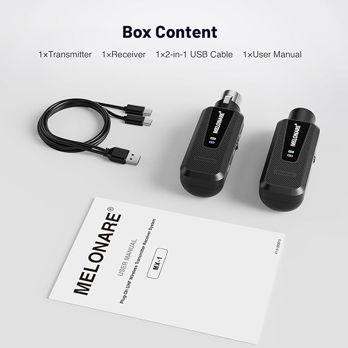 Plug on UHF 900MHz XLR Wireless Microphone Adapter, XLR Wireless Audio Transmitter & Receiver System, 164ft Range, +48V Phantom Power for Mic, Audio Mixer and PA Setup (MX-1)