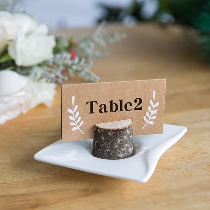 20Pcs Wood Place Card Holders and 24Pcs Kraft Table Place Cards, Rustic Table Number Holders, Food Labels, Name Card Photo Picture Holders for Harvest Fall Thanksgiving Wedding Birthday Party.