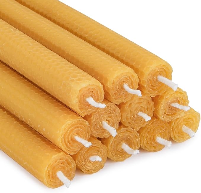 12 PCS Beeswax Taper Candles Hand Rolled - Smokeless Dripless -Natural Scent - 8 Inch in Natural Yellow