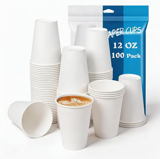 MOUMOULIFE Coffee Cups 12 oz 100 Count Disposable Paper Coffee Cups White | Sturdy & Food Safe Coffee Cups, for Hot & Cold Drinks, Leak-proof, Ideal for Daily Use, Office, Parties by moumoulife