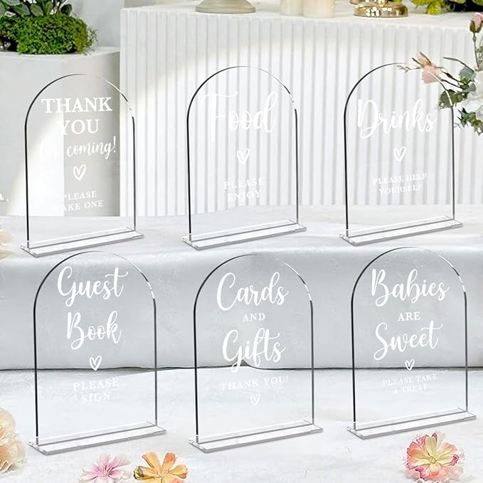 6 Pcs Baby in Bloom Shower Decorations, Baby Shower Sign, Newborn Gifts, Cards and Gifts Signs, Guest Book Sign, Modern Arched Acrylic Table Top Signs With Stand for Birthday Party Decorations (Clear)