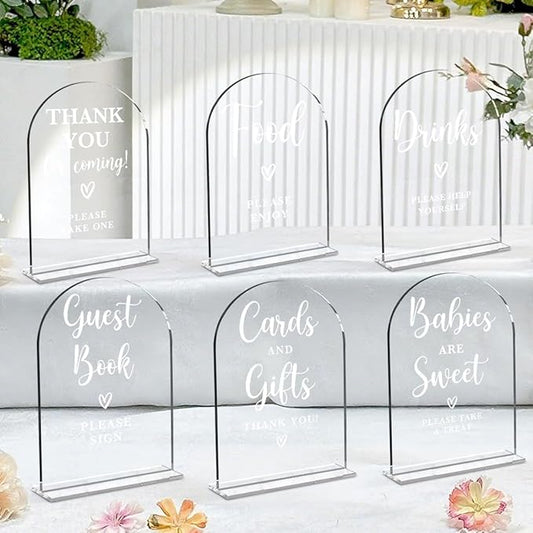 6 Pcs Baby in Bloom Shower Decorations, Baby Shower Sign, Newborn Gifts, Cards and Gifts Signs, Guest Book Sign, Modern Arched Acrylic Table Top Signs With Stand for Birthday Party Decorations (Clear)