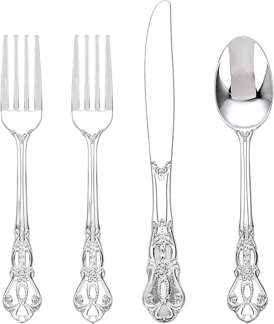 200PCS Silver Plastic Cutlery - Vintage Silver Disposable Silverware - Heavyweight Plastic Utensils with 100 Forks, 50 Knives, 50 Spoons For Catering, Parties, Dinners and Weddings