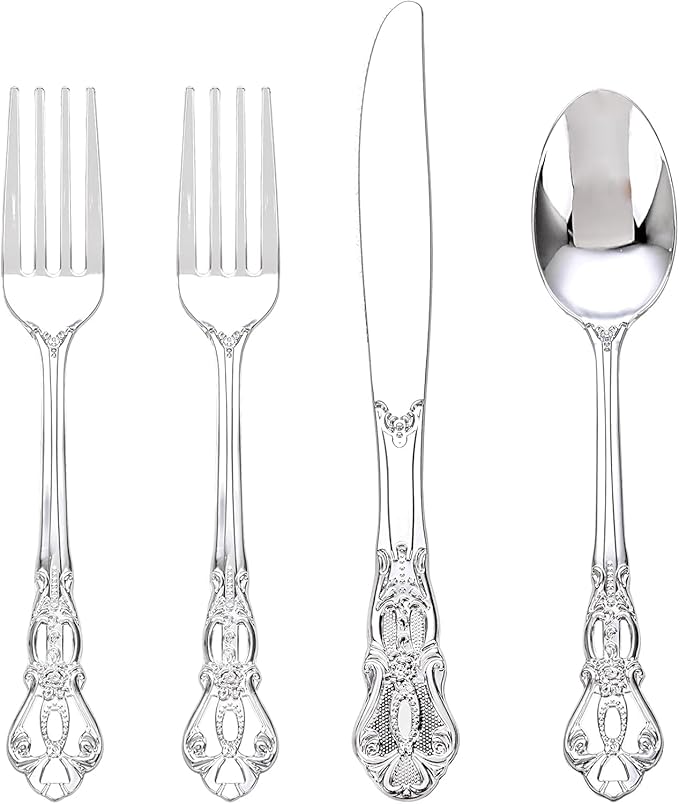 40PSC Silver Plastic Cutlery - Vintage Silver Disposable Silverware - Heavyweight Plastic Utensils with 20 Forks, 10Knives, 10 Spoons For Catering, Parties, Dinners and Weddings