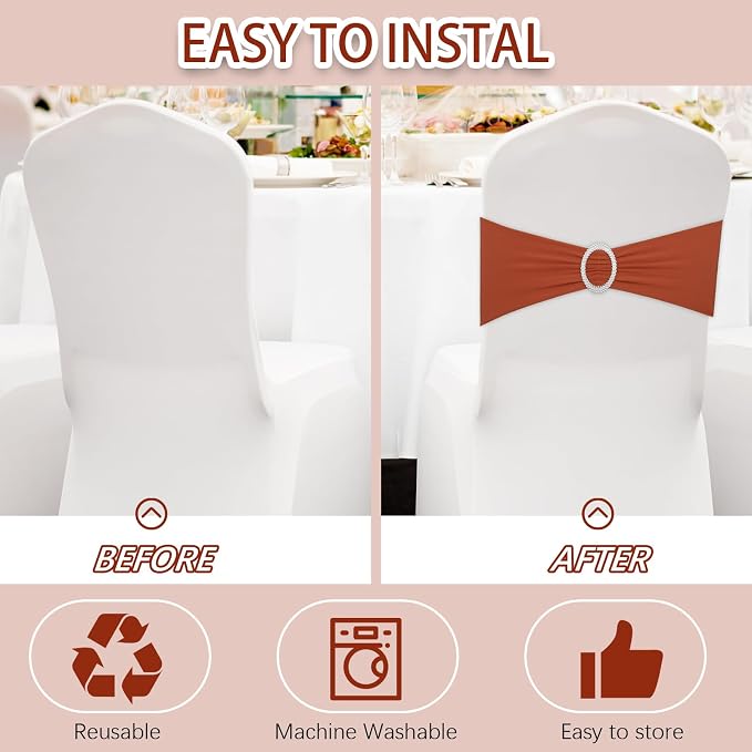 CHENGU 150 Pieces Spandex Stretch Chair Sashes Bows Elastic Chair Cover Bands Ties with Buckle Slider for Wedding Party Reception Events Universal Ceremony Banquet Decorations (Terracotta) - Image 5