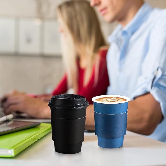 SIUQ 100 Pack 12 oz Coffee Cups with Lids, Disposable Hot Paper Coffee Cups | Black & Blue To Go Paper Cups with Lids and Sleeves for Thanksgiving, Party, Home, Shop, Office, Christmas, Travel and Events - Image 4