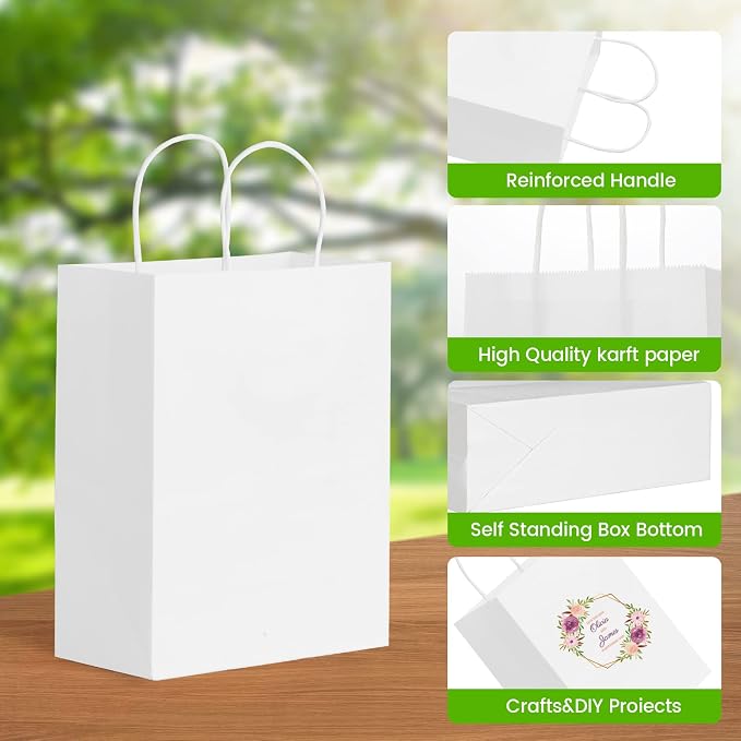 Landteek Fine 100pcs White Kraft Paper Bags with Handles Mixed Size Gift Bags Bulk,Craft Grocery Shopping Retail Birthday Party Favors Wedding Sacks Restaurant Takeout, Business - Image 3