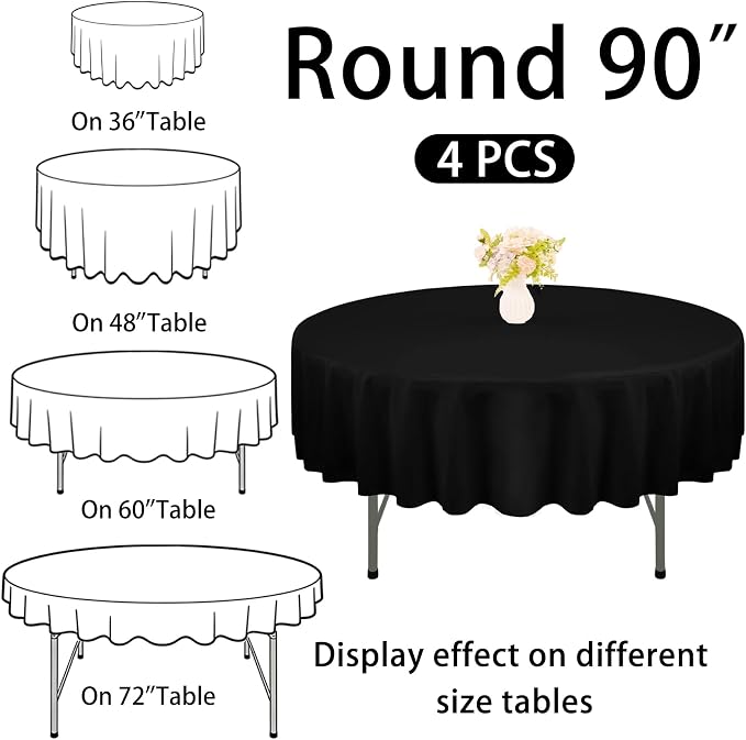 4 Pack Round Tablecloth 90 Inch Black Polyester Washable Fabric Table Covers for Wedding Dining Table Buffet Parties Banquet Decor - Image 2
