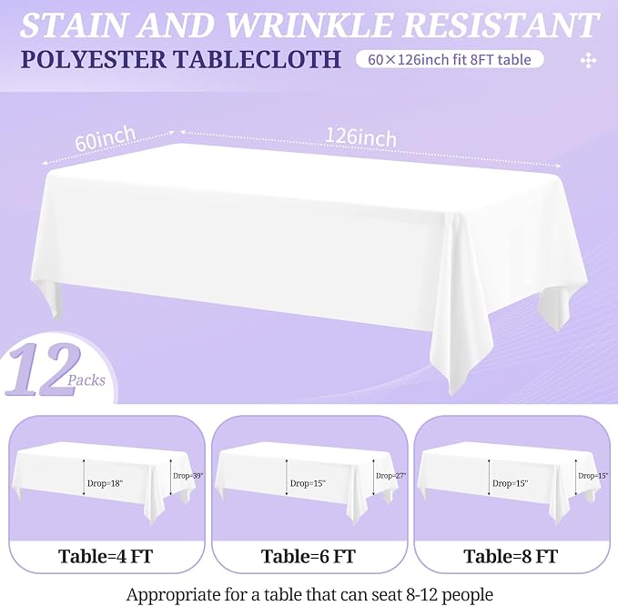 12 Pack White Tablecloths for 8ft Tables-60 x 126 Inch | Polyester Table Cover, Stain and Wrinkle Resistant Washable Fabric Table Cloth, Perfect for Wedding Banquet Parties - Image 2