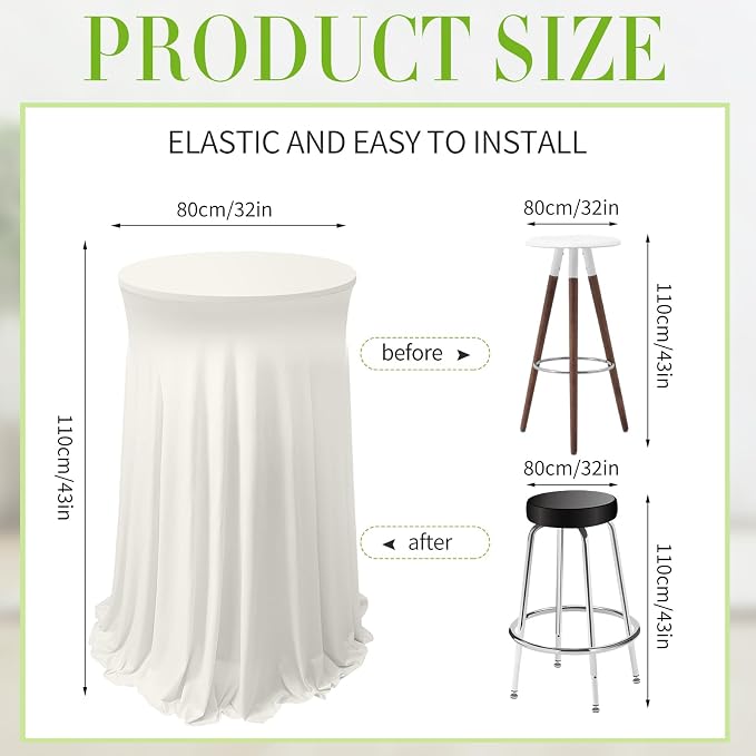 Tegeme 1 Pack Spandex Cocktail Table Cover Fitted with Skirt, Ivory | 32x43 Inch High Top Tables, Stretch Tablecloth for Weddings Parties Banquets, Fitted Covers Wrinkle Resistant Elegant Design - Image 2