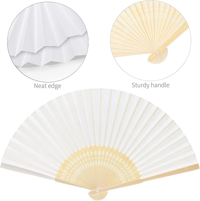 FEPITO 20 Pieces White Handheld Paper Fan | Paper Folding Fans with Bamboos for Wedding Gift, Party, Home - Image 3