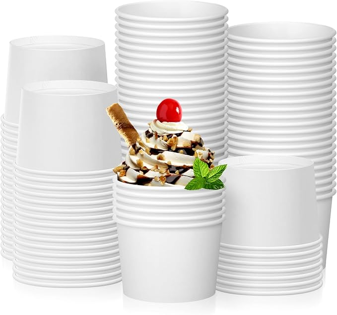 Nuenen 100 Pcs 8 oz Summer Ice Cream Paper Cups Bulk Disposable Dessert Cups Solid Color Paper Dessert Bowls for Snack Sundae Spring Party Favors Ice Cream Bar Supplies (White) by Nuenen