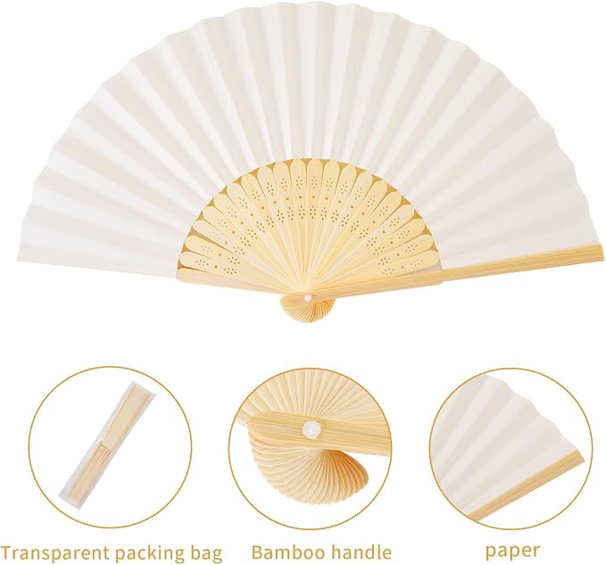 50pcs Cream-Coloured Paper Hand Fan Bamboo Folding fan Handheld Paper Fan | Paper Folded Fan for Wedding Party and Home Decoration - Image 2