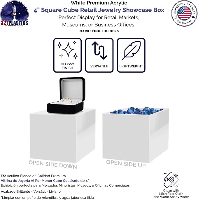 6 Pack 4" Acrylic Display Riser Box with One Open Side No Lid Versatile Glossy White Square Lucite Retail Product Platform or Merchandise Storage Bin No Assembly by Marketing Holders - Image 4