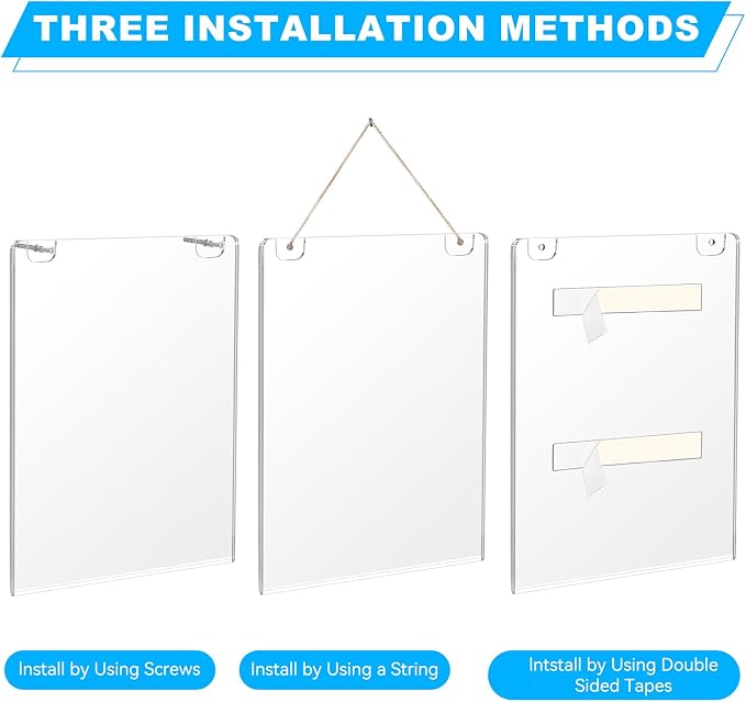 Daofary Acrylic Wall Sign Holder 8.5 x 11, 26 Pack Wall Mount,3-Way Install | Clear Acrylic Wall Picture Frame with Adhesive Tape, Screws and Rope; Easy Paper Changes for Offices, Stores and Schools - Image 4