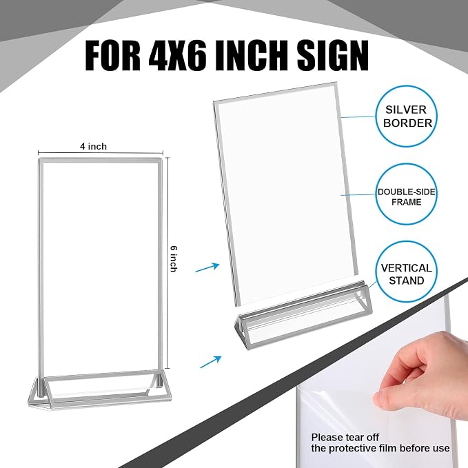 Blulu 12 Pack Acrylic Sign Holder Double Sided Picture Frame Wedding Table Number Stands with Border and Vertical Clear Display Menu Holders for Wedding Party Restaurant(4 x 6 Inch,Silver) - Image 2