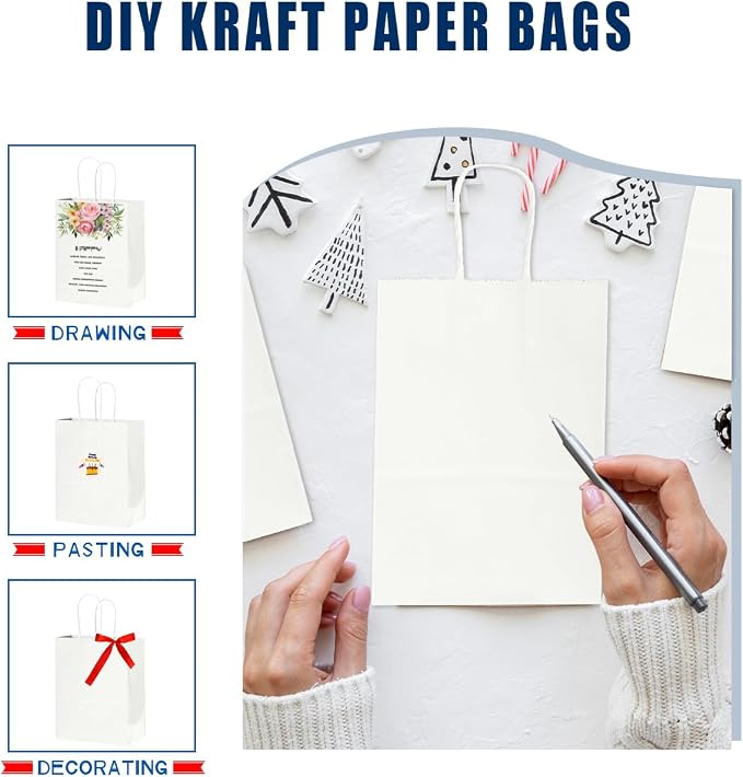 Bakepacker 100-Pack Small Size Gift Paper Bags with Handles Bulk 8.3"x6"x3.19" White Party Kraft Shopping Bags - Image 2