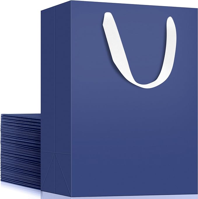 EUSOAR Paper Gift Bags, 25pcs 7.8"x3.9"x11" Navy Blue Kraft Wrap Bags with Handles Bulk Medium Size, Business Merchandise Grocery Retail Shopping Paper Bag Sacks Wedding Birthday Holiday Party Favors by EUSOAR