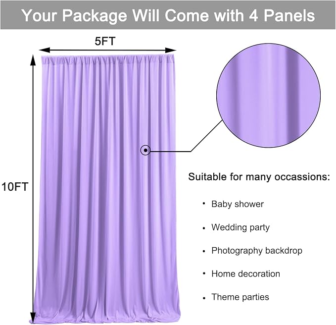 20x10ft Lavender Backdrop Curtains for Parties, 4 Panels 5x10ft Wrinkle-Free Polyester Background Curtains for Wedding, Birthday, Baby Shower,Graduation, Decorations - Image 5