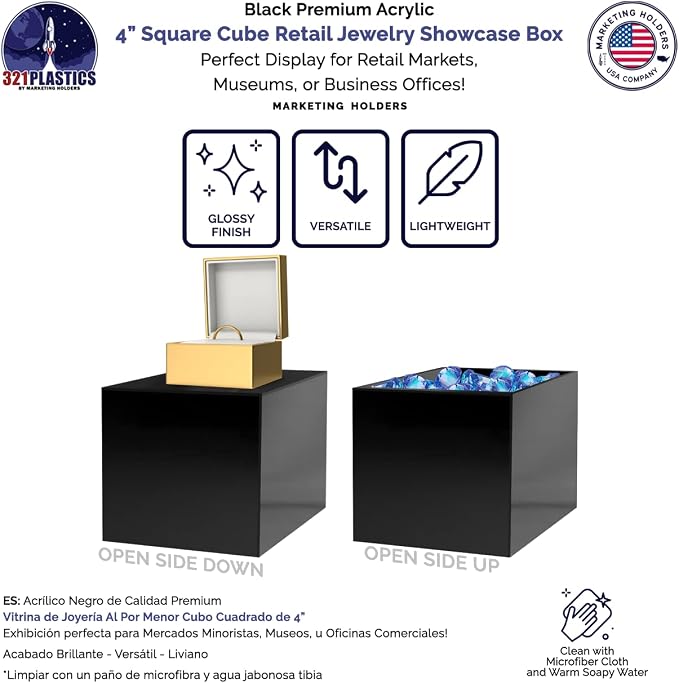 6 Pack 4" Acrylic Display Riser Box with One Open Side No Lid Versatile Glossy Black Square Lucite Retail Product Platform or Merchandise Storage Bin No Assembly by Marketing Holders - Image 3