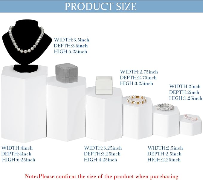 Jetec 6 Pcs Hexagonal Jewelry Display Risers Acrylic Stands,White | 6 Size, Hexagonal Market Display Risers, Acrylic Showcase for Jewelry, Model, Figures Organize Decoration, Table Stand - Image 2