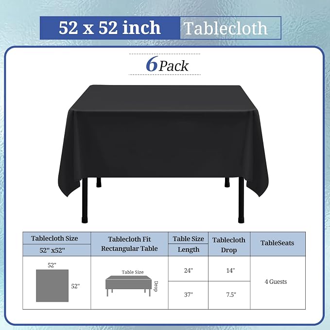 6 Packs Black Square Tablecloths 52 x 52 Inch | Polyester Table Cloth for Square Tables, Stain Wrinkle Resistant Washable Fabric, Perfect for Wedding Banquet Party - Image 2
