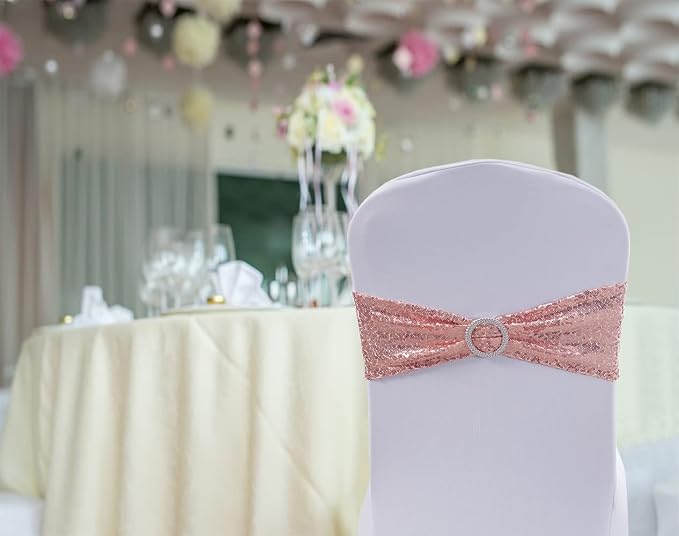 Sequin Rose Gold Chair Sashes 100 Pack, Pink Gold Sequin Chair Bows for Party Folding Chairs Decorations, Chairs Bands with Buckles for Wedding Fiestas Birthday Engagement Christmas Decor - Image 7