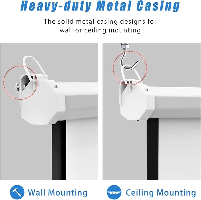 100INCH Manual Pull Down White Projector Screen 16:9 1.2 Gain Retractable Auto-Locking 4K 8K 3D Ultra HD for Home Theater Movie Office Game Projection Screen with Slow Retract Mechanism