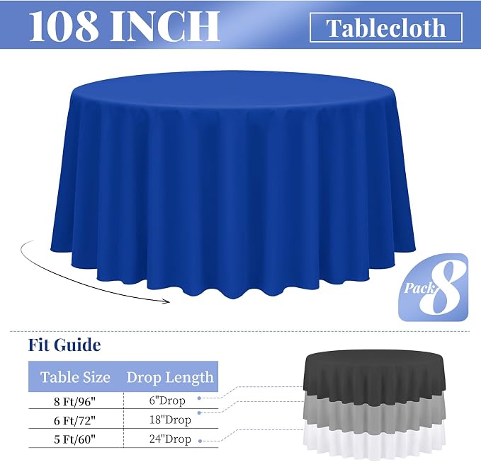 fani 8 Packs Royal Blue Round Tablecloth - 108 Inch, Polyester | Table Cloth for Round Tables, Washable Fabric, TableCovers for Wedding, Party, Banquet, Dining Tables, Camping - Image 2