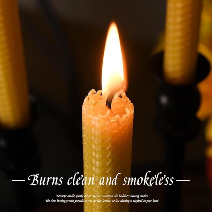 Pack of 4 Beeswax Taper Candles Hand Rolled - Smokeless Dripless - Organic No Scent - 8 Inch in Natural Yellow