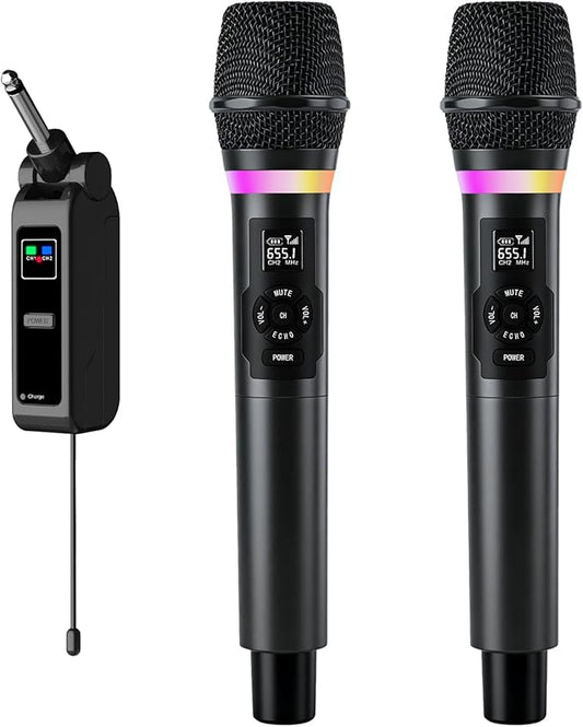 Wireless Microphone, Dual Handheld 2.4G Dynamic Mic with Rechargeable Receiver，Professional Karaoke Microphone, Dual Vocal Pickup with mute echo,treble,bass control , for Singing, Speech, PA System