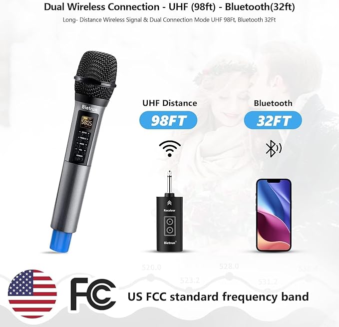 Bietrun Wireless Microphones with Echo,Treble,Bass&Bluetooth,160FT Range,Portable UHF Handheld Karaoke Dynamic Microphone System with Rechargeable Receiver for Karaoke,Singing,Amp,PA System,DJ,Stage