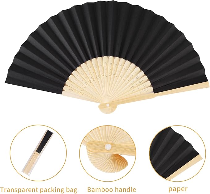 Sepwedd 50pcs Black Paper Hand Fan Bamboo Folding Fan Handheld Paper Fan | Handheld Paper Fan for Wedding Party and Home Decoration - Image 2