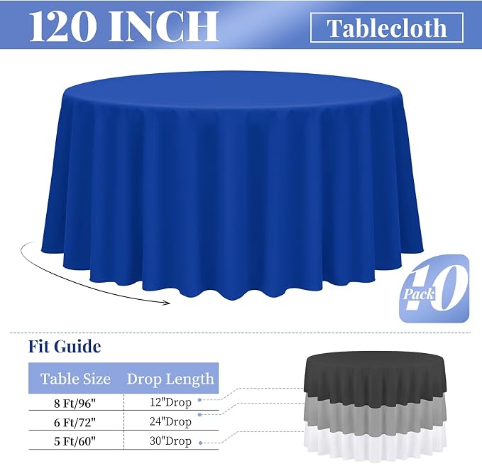 fani 10 Packs Royal Blue Round Tablecloth - 120 Inch, Polyester | Table Cloth for Round Tables, Washable Fabric, TableCovers for Wedding, Party, Banquet, Dining Tables, Camping - Image 2