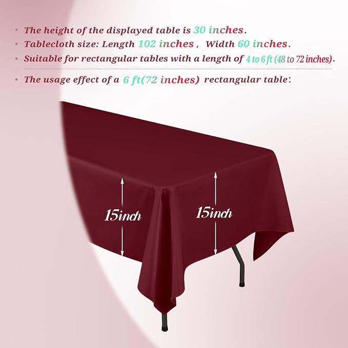 Teruntrue 12 Packs Burgundy Tablecloths 60x102 inch Rectangle Table Cloth for 6 Foot Rectangle Tables, Washable Polyester Fabric for Wedding Parties Banquet Holiday Dinner Table Decorative, Burgundy - Image 3
