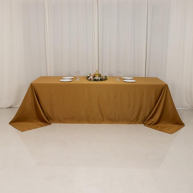 Efavormart Gold Seamless Lamour Satin Rectangle Tablecloth - 90"x156" for 8 Foot Table with Floor-Length Drop