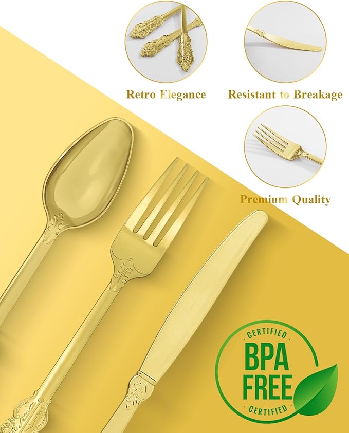 Goodluck 300 Pack Gold Plastic Silverware Set – Heavy Duty Disposable Cutlery, Includes 100 Forks, 100 Spoons, 100 Knives, Elegant Vintage Design for Weddings, Parties, Thanksgiving, and Daily Use