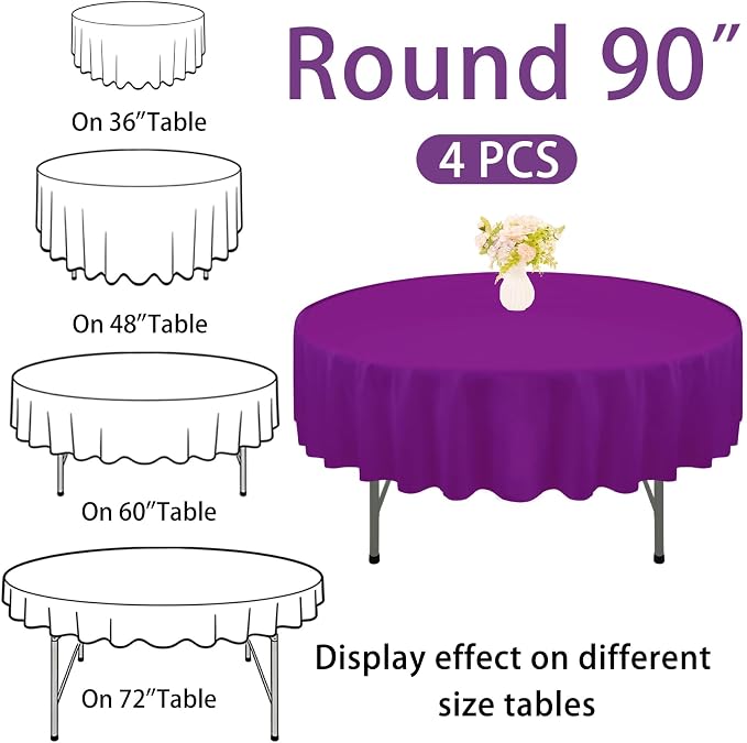 4 Pack Round Tablecloth 90 Inch Purple Polyester Washable Fabric Table Covers for Wedding Dining Table Buffet Parties Banquet Decor - Image 2