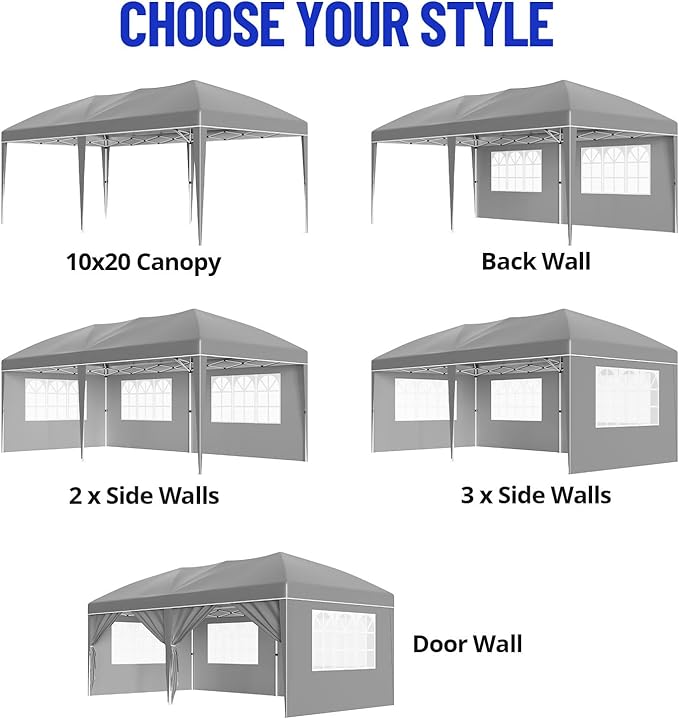 10X20FT Pop Up Wedding Party Tent with 6 Sidewalls, Heavy Duty Commercial Outdoor Canopy All Season Wind & Waterproof Canopy Gazebo with Storage Bag, Gray