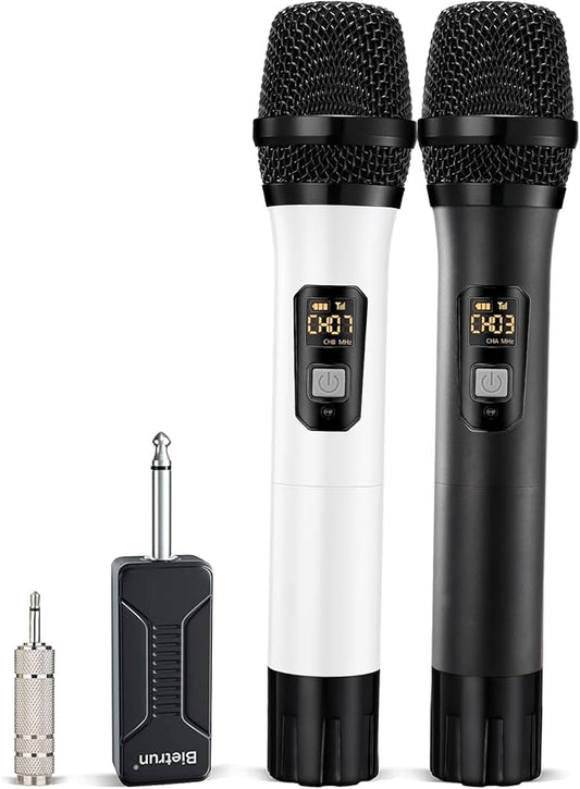 Wireless Microphone, Bietrun UHF Metal Dual Handheld Cordless Dynamic Mic System with Rechargeable Receiver, 1/4‘’Output, for Karaoke, Church, Speech, Wedding, Party Singing(160 ft Range)-Auto Connect