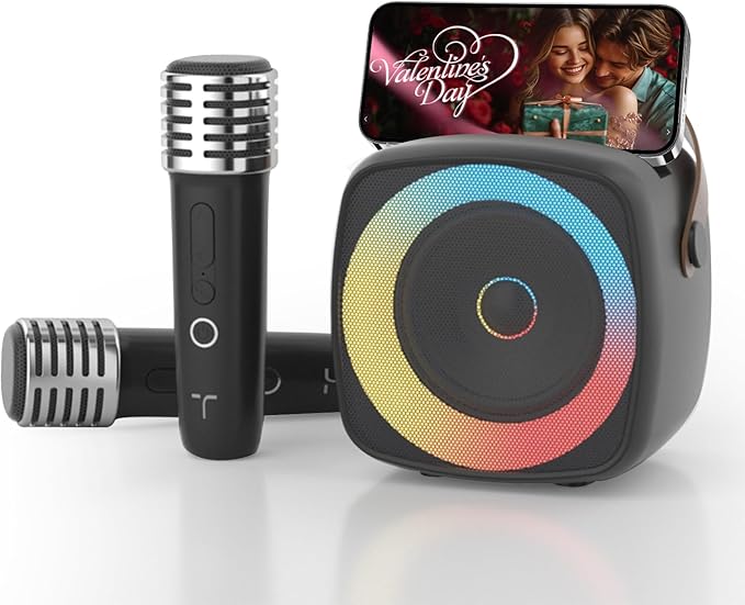 Karaoke Machine 2 Microphones for Home Party with Phone Holder, Wireless Portable Bluetooth Speaker with Dynamic Lights for Kids Adults Mini Voice Changer Mic Speaker Set for Christmas Girls