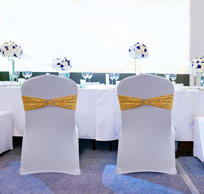 All Sequin Gold Chair Sashes 100 Pack, Gold Sequin Chair Sashes Bows for Wedding Party Folding Chair Decoration, Golden Chairs Band with Buckles for Fiesta Event Decorations - Image 7