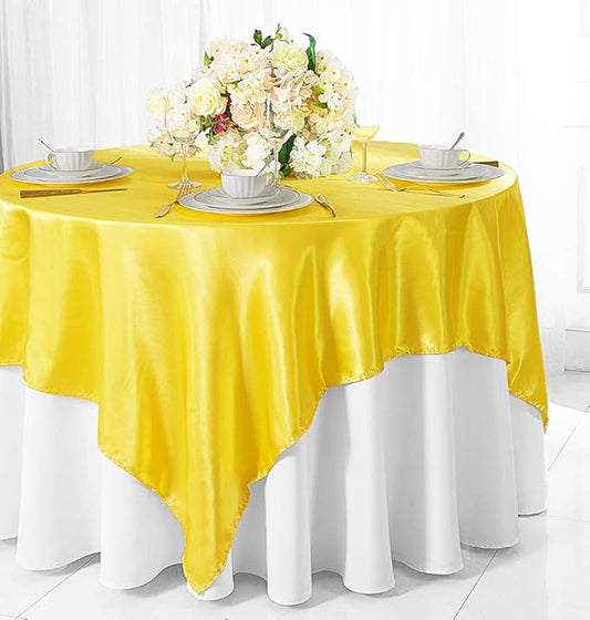 (2 PCS 54" Square Satin Table Overlays Toppers Tablecloths Table Overlay Cover Linens for Wedding Decoration Party Banquet Events - Canary Yellow