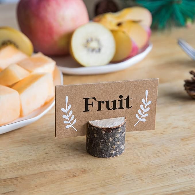 20Pcs Wood Place Card Holders and 24Pcs Kraft Table Place Cards, Rustic Table Number Holders, Food Labels, Name Card Photo Picture Holders for Harvest Fall Thanksgiving Wedding Birthday Party.