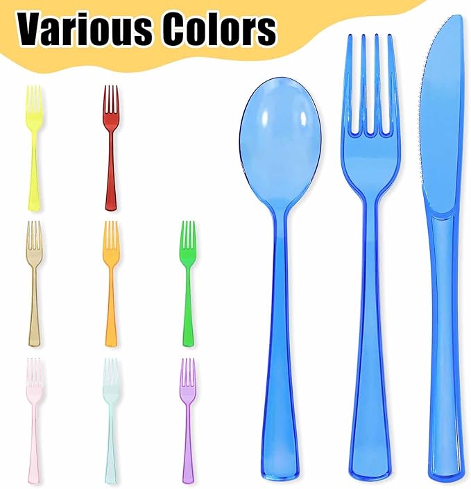 HEIPINIUYE 75 Pack Royal Blue Clear Plastic Cutlery Heavy Duty Clear Blue Plastic Knives Forks and Spoons Disposable Silverware Set for 25 Guest Camping Birthday Baby Shower Party Utensil Set
