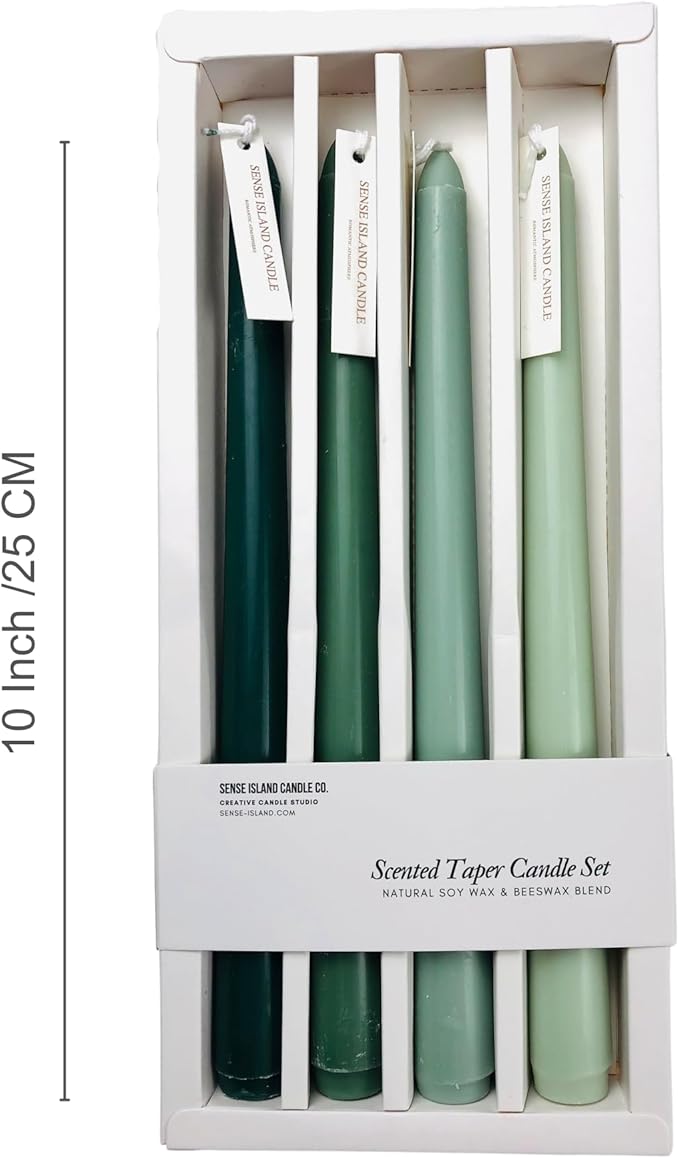 Christmas Green Taper Candles 10'' Non-Toxic Green Shades Ombre Colored Candle Sticks Set of 4 | Natural Soy Candlesticks Colorful Decor Centerpiece Amber Sandalwood Scented