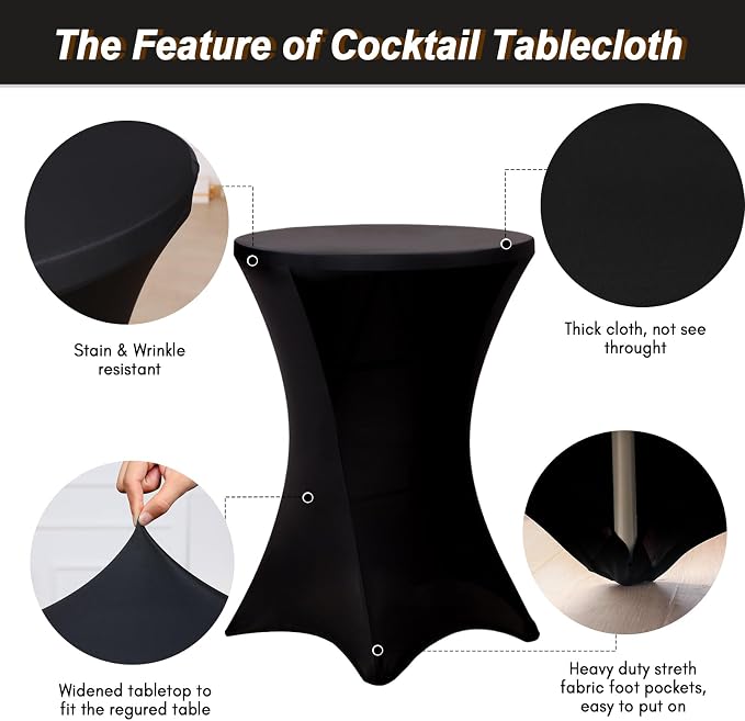 Fixwal 2 Pack Cocktail Tablecloth Bar Top Table Covers Round Black Spandex | Fits 30-32" Dia x 40-43" H Tables, Spandex Fabric, Stretch Fitted Design, Ideal For Bar, Pub And Wedding - Image 2