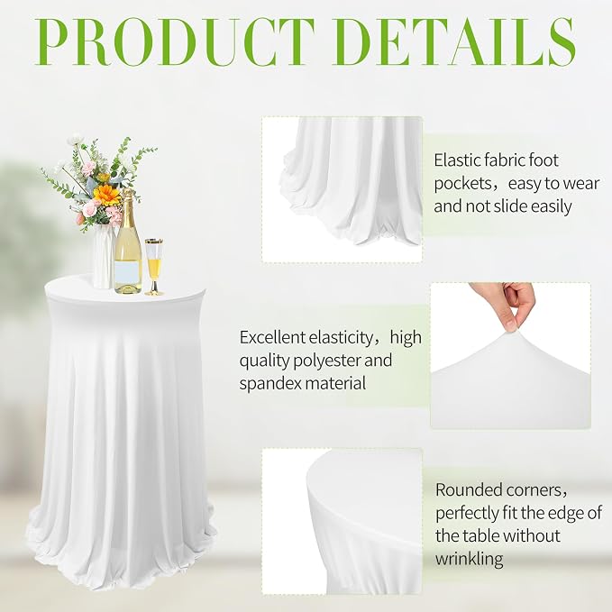 Tegeme 3 Packs Spandex Cocktail Table Cover Fitted with Skirt, White | 32x43 Inch High Top Tables, Stretch Tablecloth for Weddings Parties Banquets, Fitted Covers Wrinkle Resistant Elegant Design - Image 3