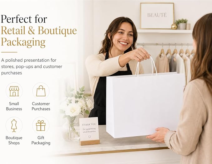Large Kraft Paper Bags with Handles Bulk for Shopping,70 Pack,White | 16x6x12 Inch,120GSM,Thick,Durable,8LB Load,Heavy Duty for Retail ,event,boutiques,corporate gifts,wedding,party - Image 5